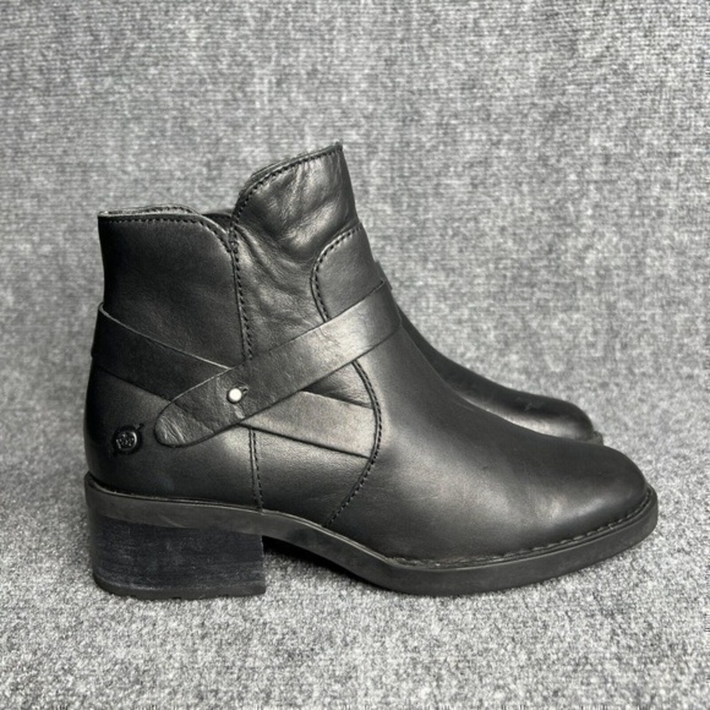 Born Tori Boots Womens 7 Black Leather Ankle Booties Side Zip Strap Moto